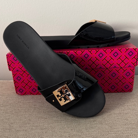 Tory Burch Black Patent Slide Sandals - Picture 1 of 6